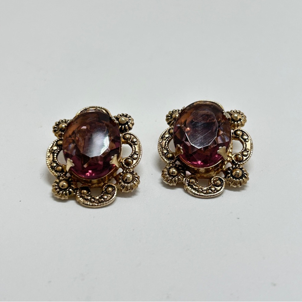 Marino, Vintage Gold And Purple Glass Cabochon Earrings, Clips, Marino 1932-1978